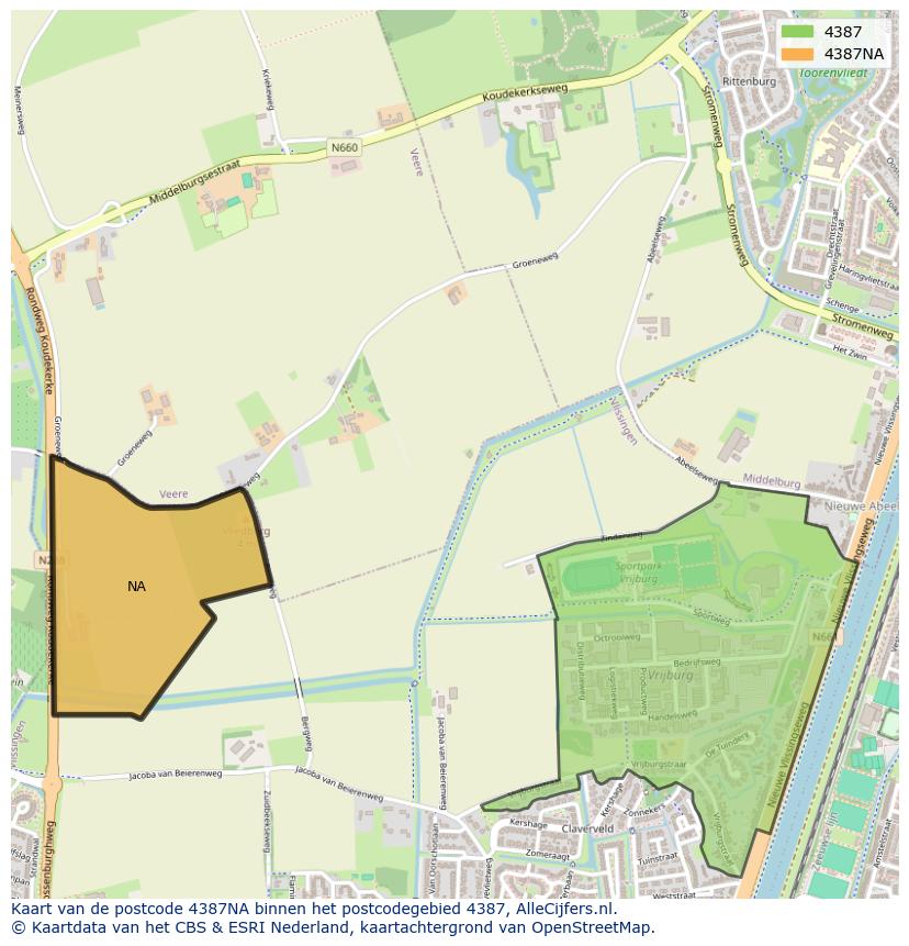 Afbeelding van het postcodegebied 4387 NA op de kaart.