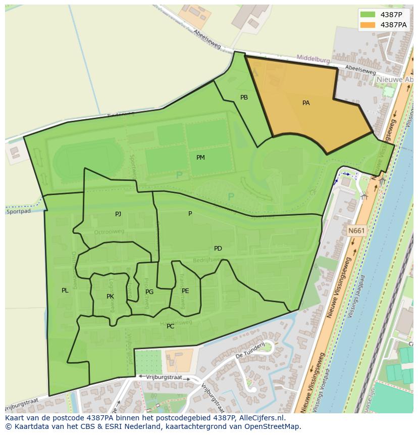 Afbeelding van het postcodegebied 4387 PA op de kaart.