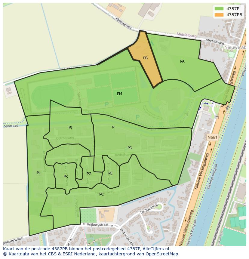 Afbeelding van het postcodegebied 4387 PB op de kaart.