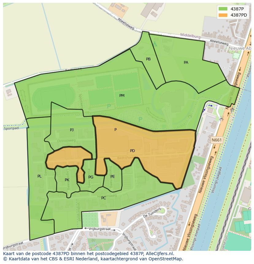 Afbeelding van het postcodegebied 4387 PD op de kaart.