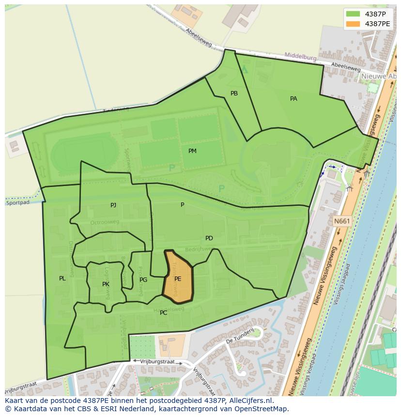 Afbeelding van het postcodegebied 4387 PE op de kaart.