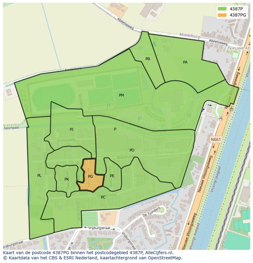 Afbeelding van het postcodegebied 4387 PG op de kaart.