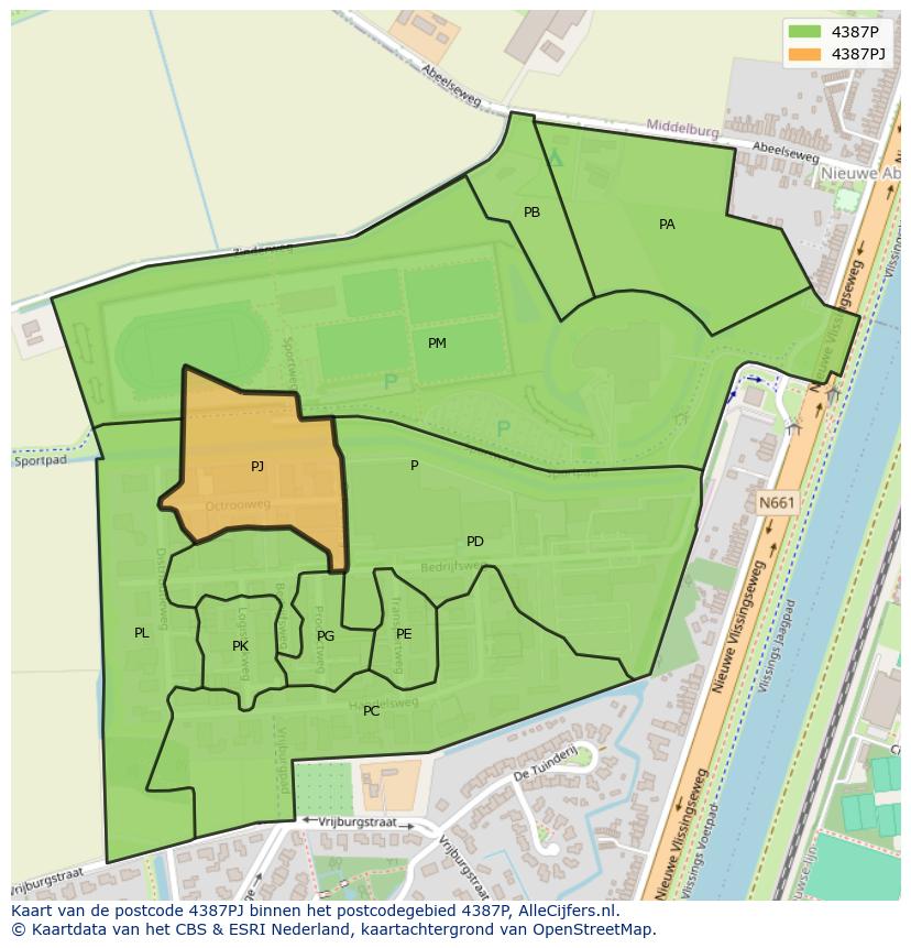 Afbeelding van het postcodegebied 4387 PJ op de kaart.