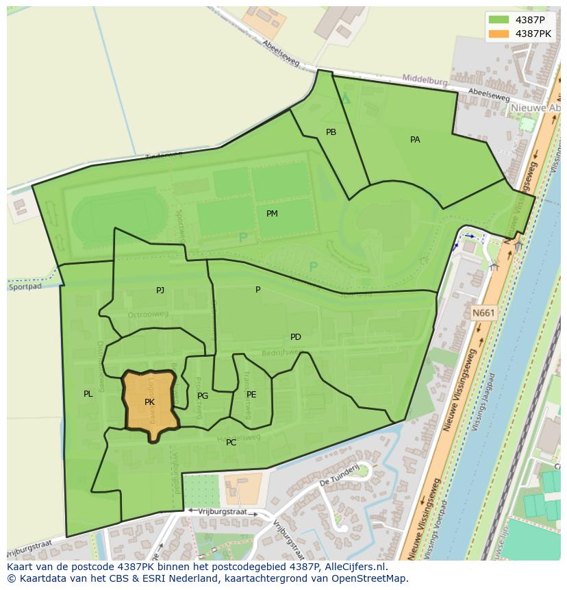 Afbeelding van het postcodegebied 4387 PK op de kaart.