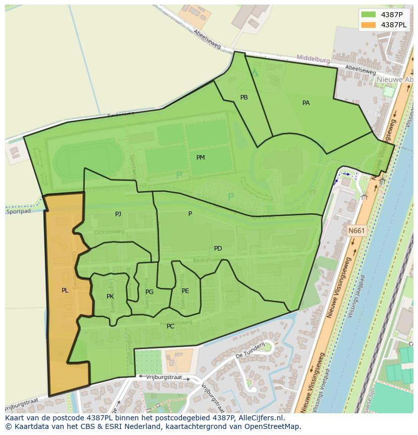 Afbeelding van het postcodegebied 4387 PL op de kaart.