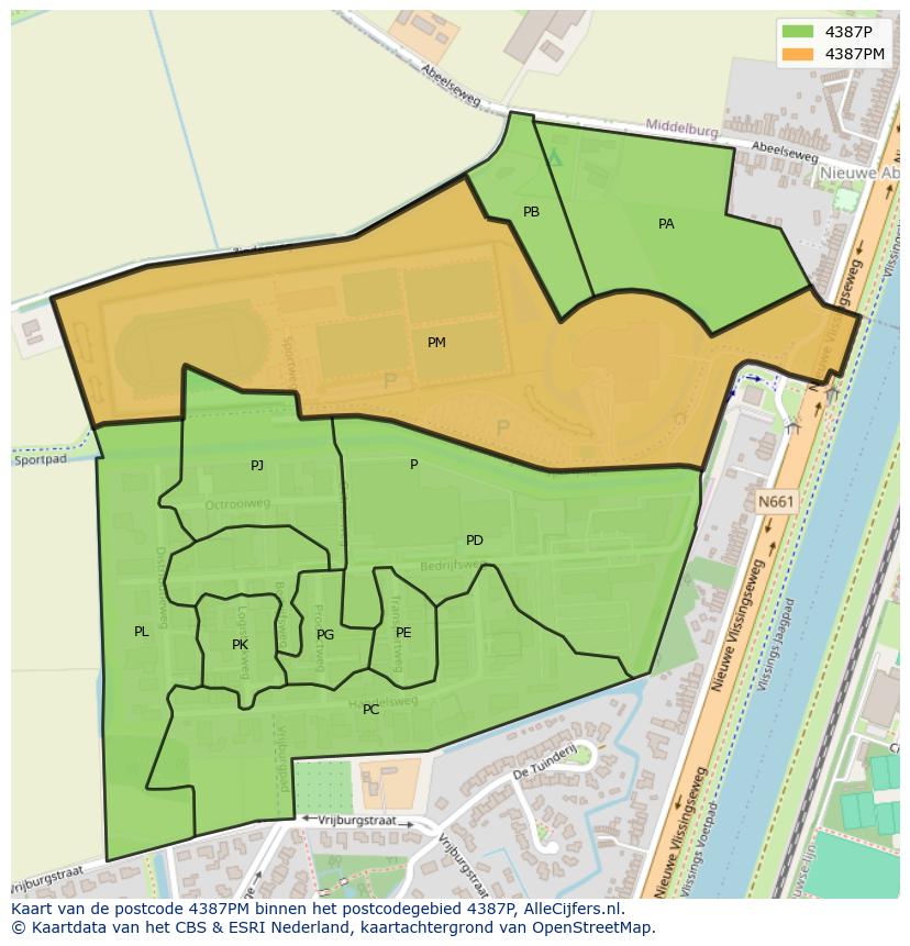 Afbeelding van het postcodegebied 4387 PM op de kaart.