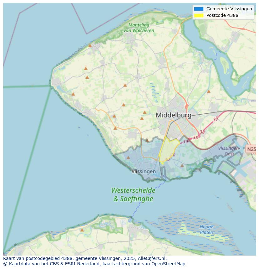 Afbeelding van het postcodegebied 4388 op de kaart.