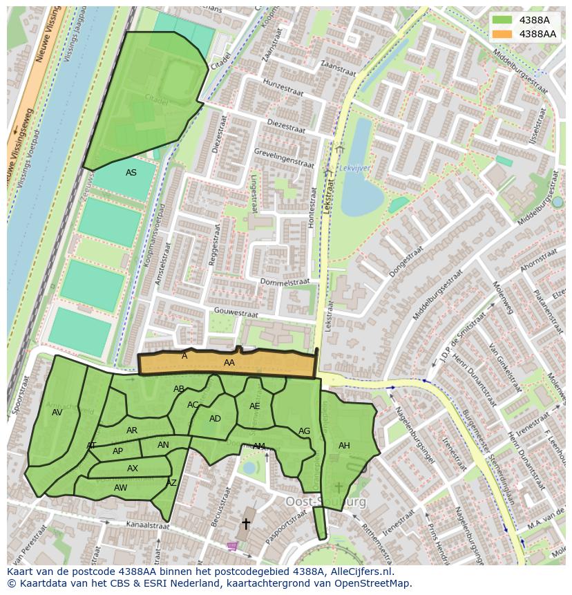 Afbeelding van het postcodegebied 4388 AA op de kaart.
