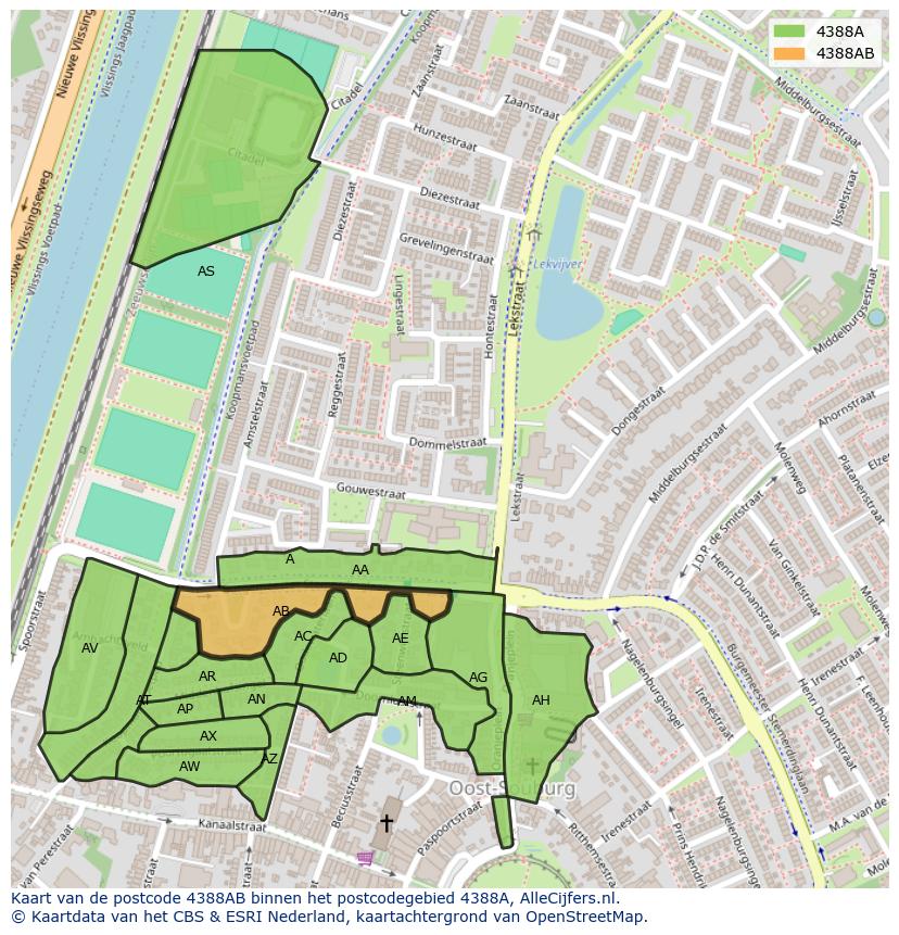 Afbeelding van het postcodegebied 4388 AB op de kaart.