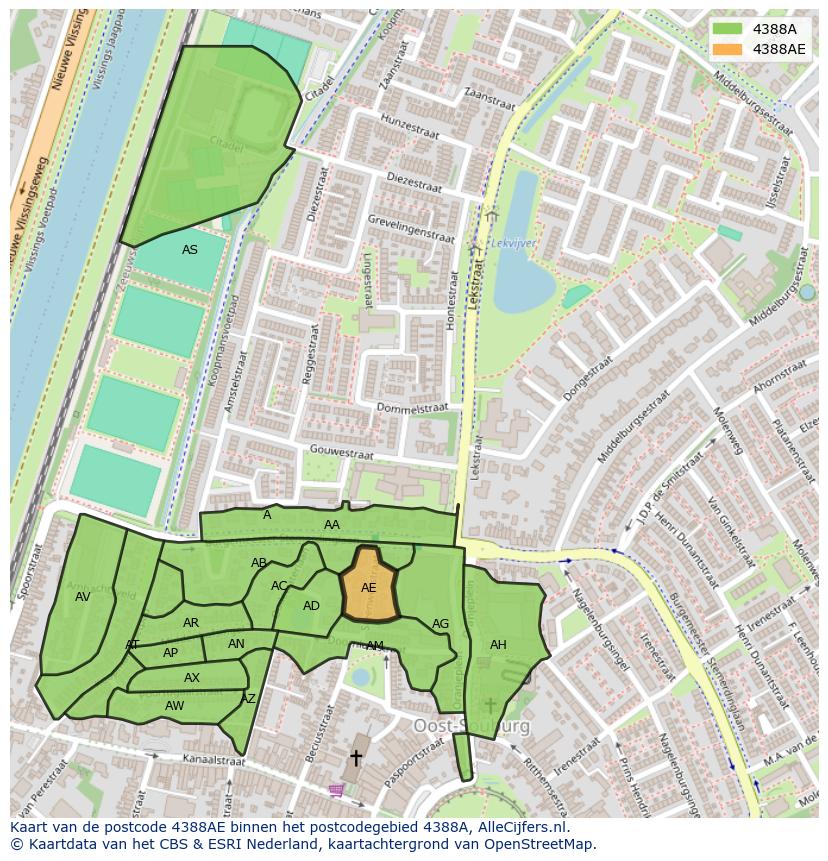 Afbeelding van het postcodegebied 4388 AE op de kaart.