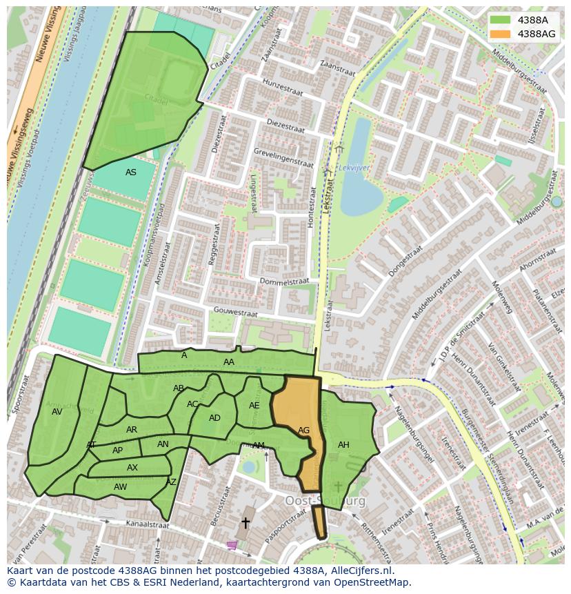 Afbeelding van het postcodegebied 4388 AG op de kaart.
