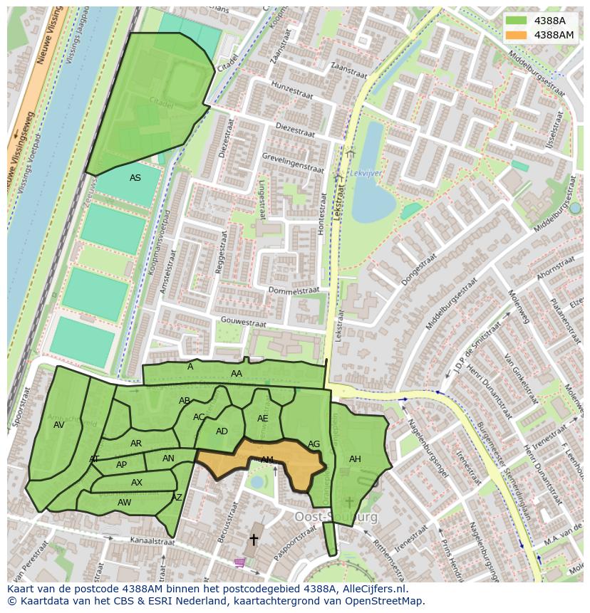 Afbeelding van het postcodegebied 4388 AM op de kaart.