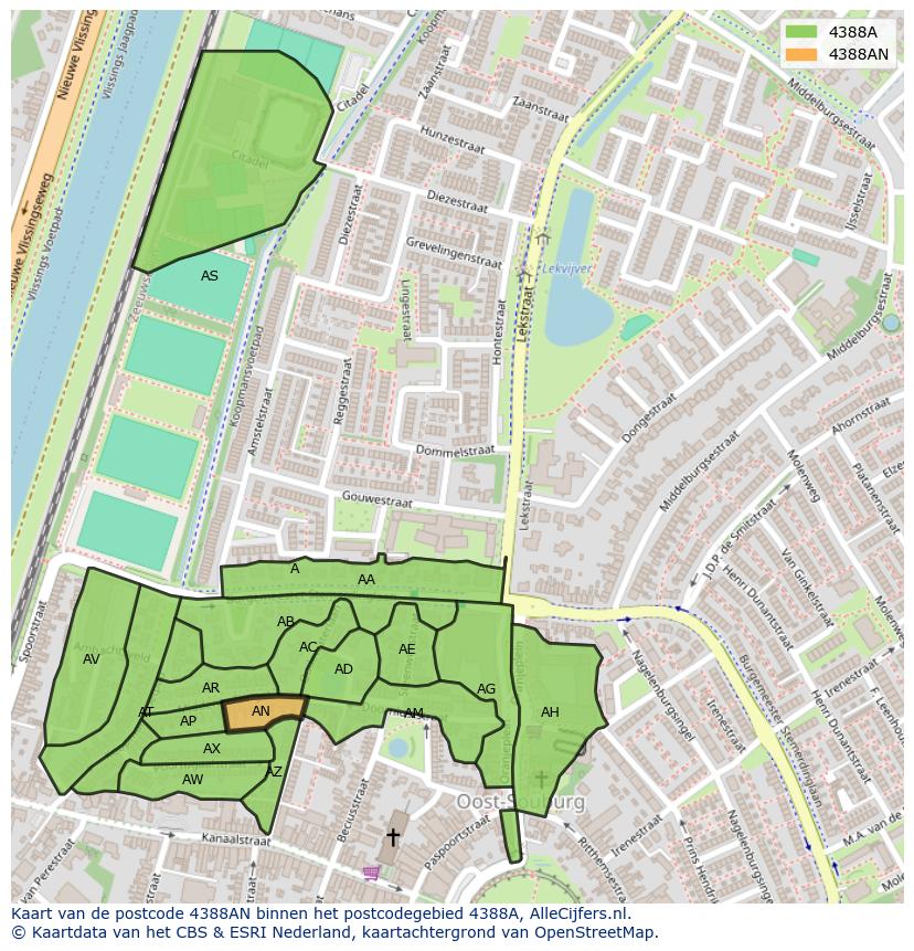 Afbeelding van het postcodegebied 4388 AN op de kaart.