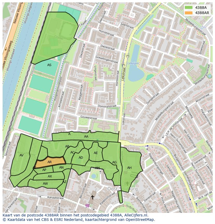Afbeelding van het postcodegebied 4388 AR op de kaart.