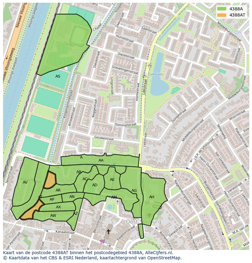 Afbeelding van het postcodegebied 4388 AT op de kaart.