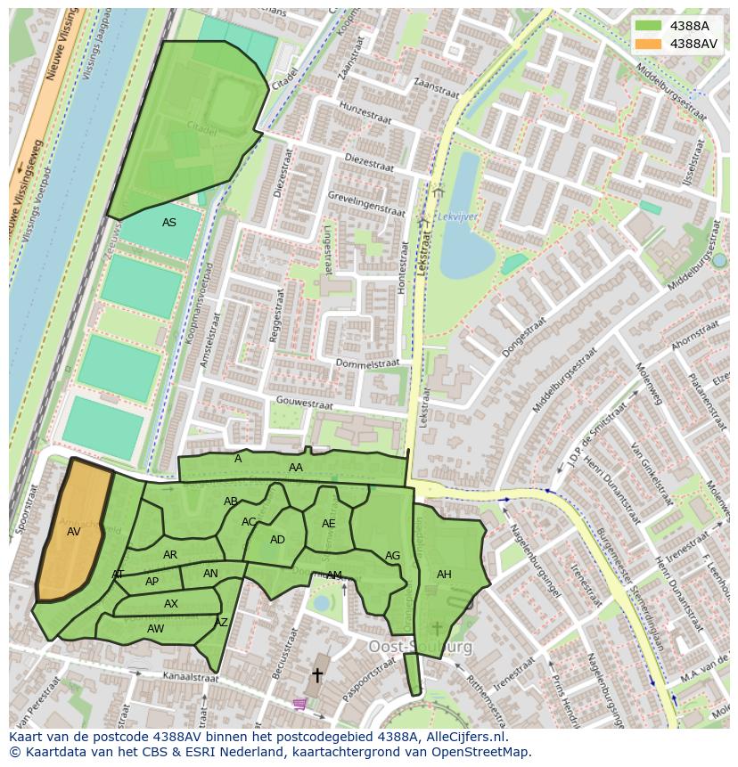 Afbeelding van het postcodegebied 4388 AV op de kaart.
