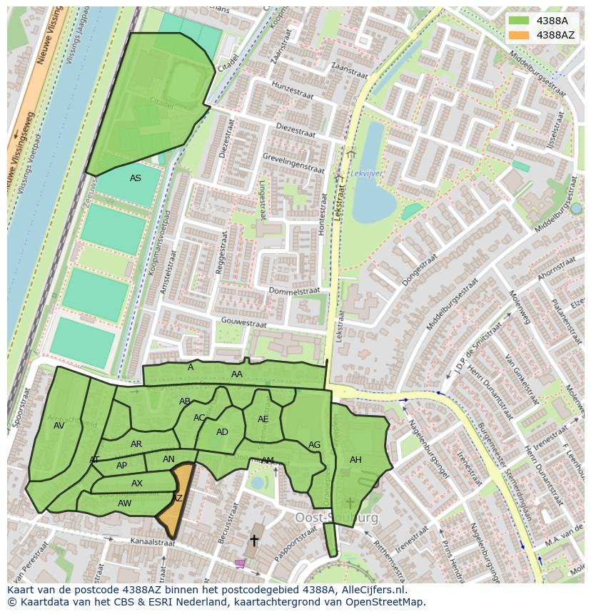 Afbeelding van het postcodegebied 4388 AZ op de kaart.
