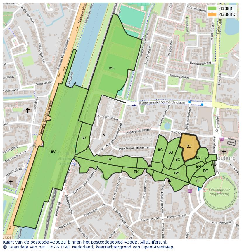 Afbeelding van het postcodegebied 4388 BD op de kaart.