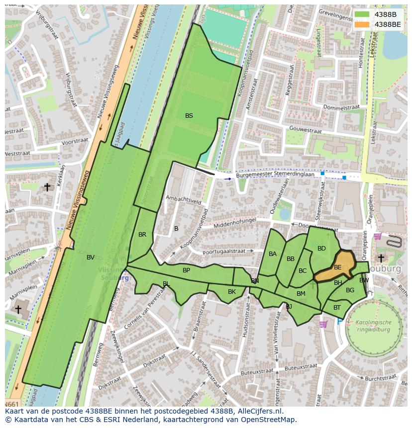 Afbeelding van het postcodegebied 4388 BE op de kaart.