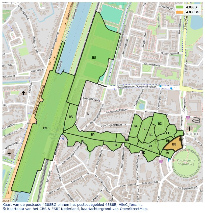 Afbeelding van het postcodegebied 4388 BG op de kaart.