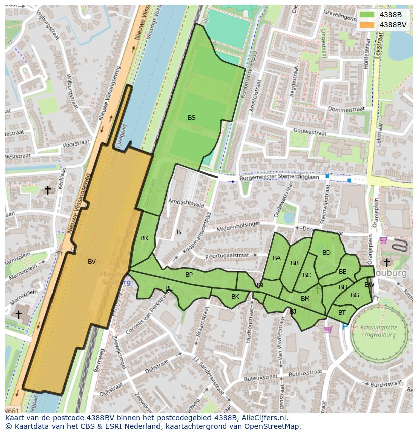Afbeelding van het postcodegebied 4388 BV op de kaart.