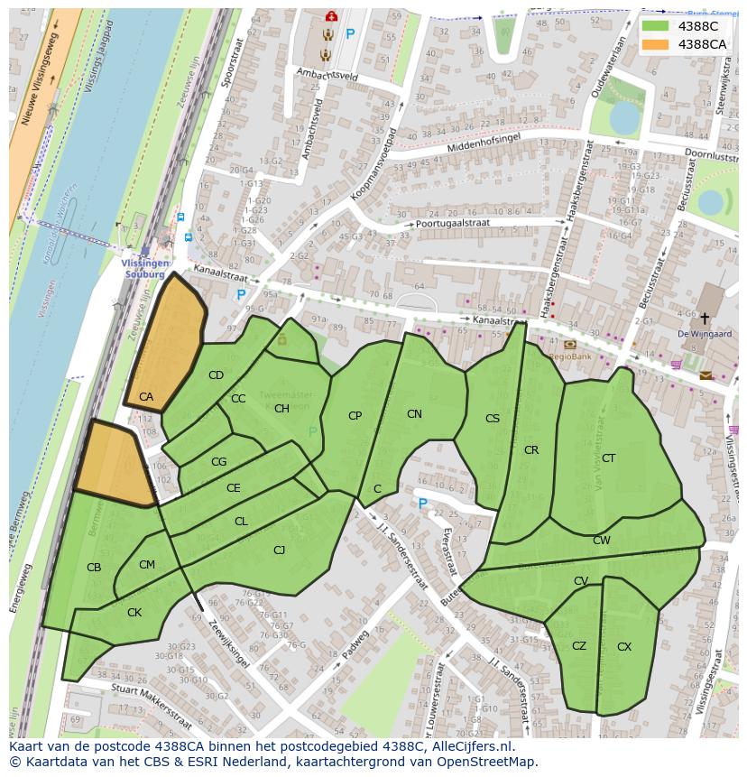 Afbeelding van het postcodegebied 4388 CA op de kaart.