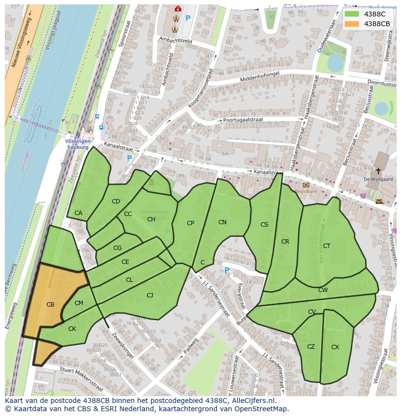 Afbeelding van het postcodegebied 4388 CB op de kaart.