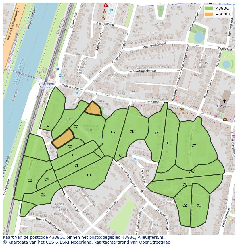 Afbeelding van het postcodegebied 4388 CC op de kaart.