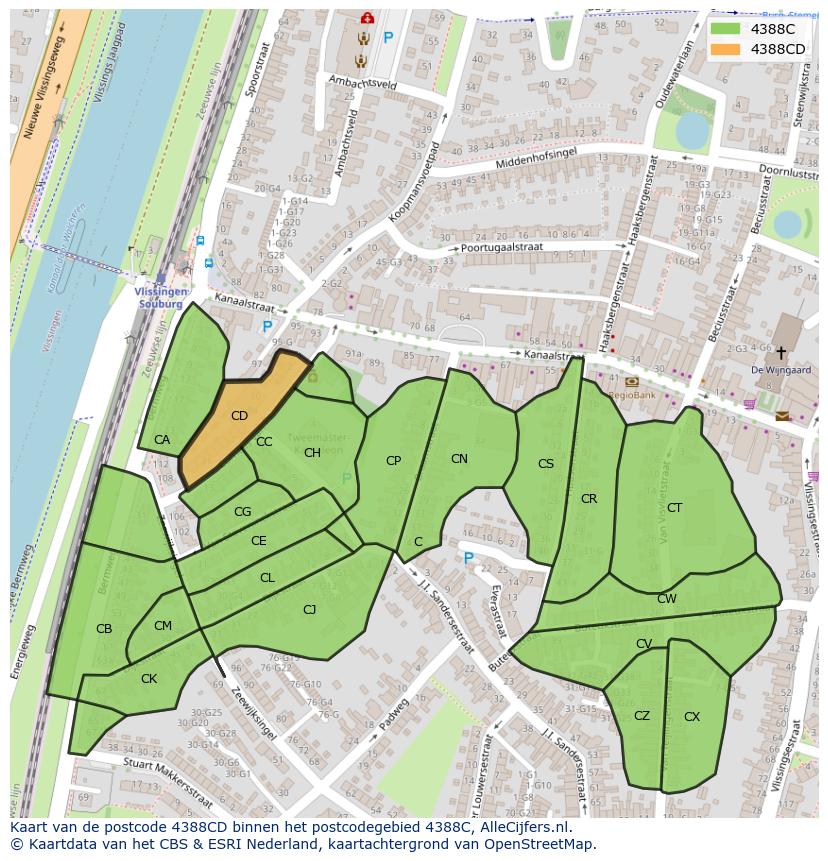 Afbeelding van het postcodegebied 4388 CD op de kaart.