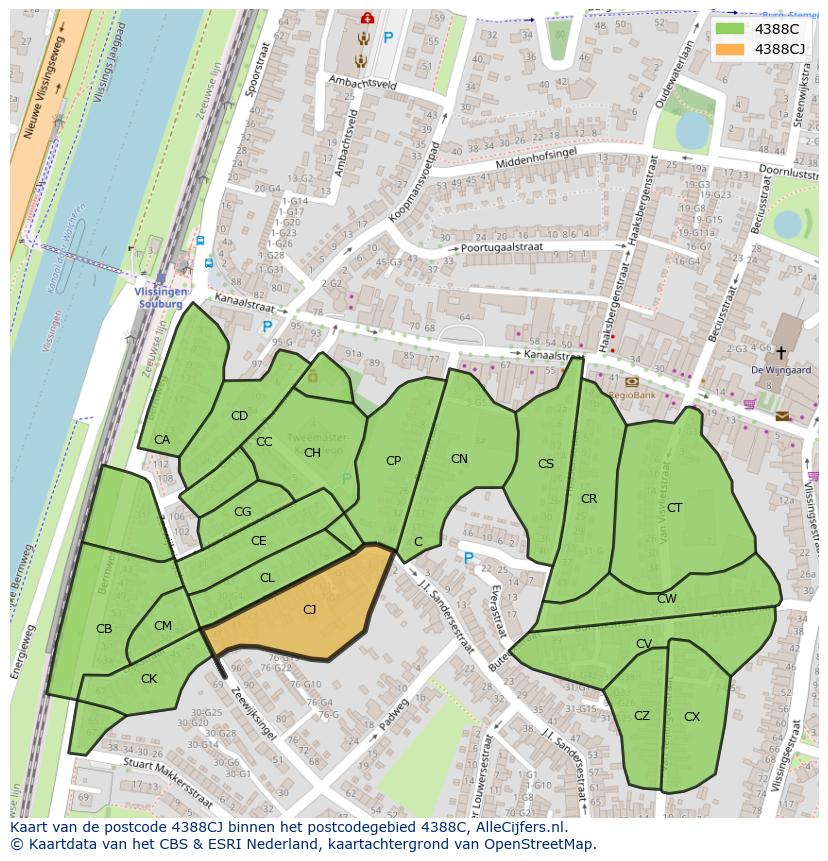 Afbeelding van het postcodegebied 4388 CJ op de kaart.