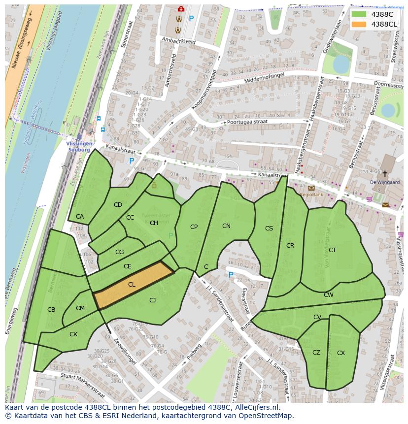 Afbeelding van het postcodegebied 4388 CL op de kaart.