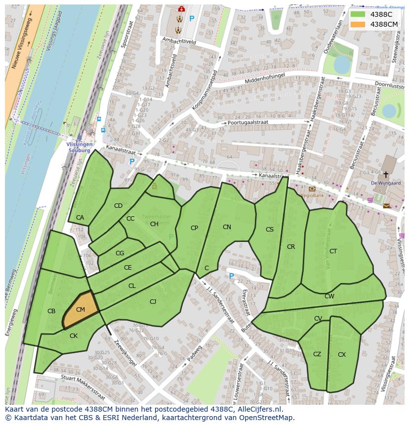 Afbeelding van het postcodegebied 4388 CM op de kaart.