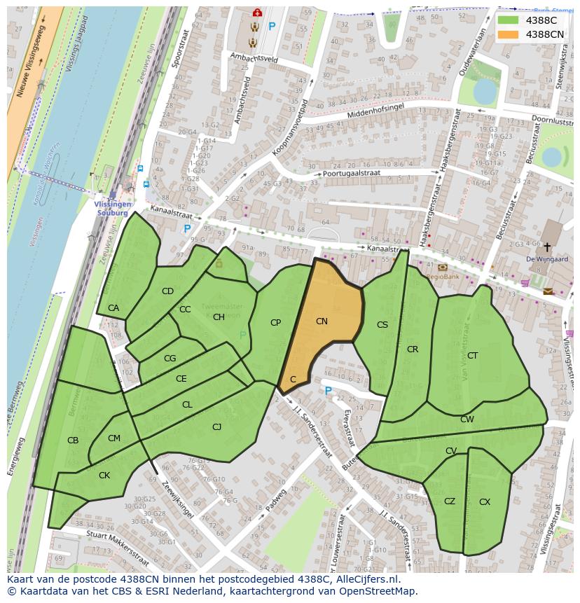 Afbeelding van het postcodegebied 4388 CN op de kaart.