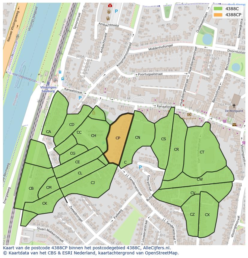 Afbeelding van het postcodegebied 4388 CP op de kaart.