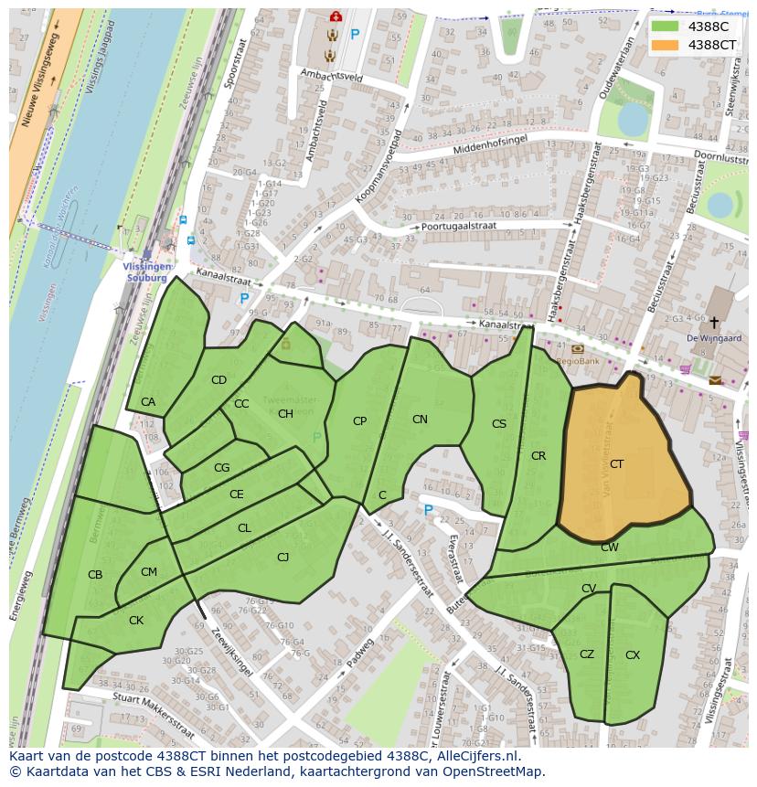 Afbeelding van het postcodegebied 4388 CT op de kaart.