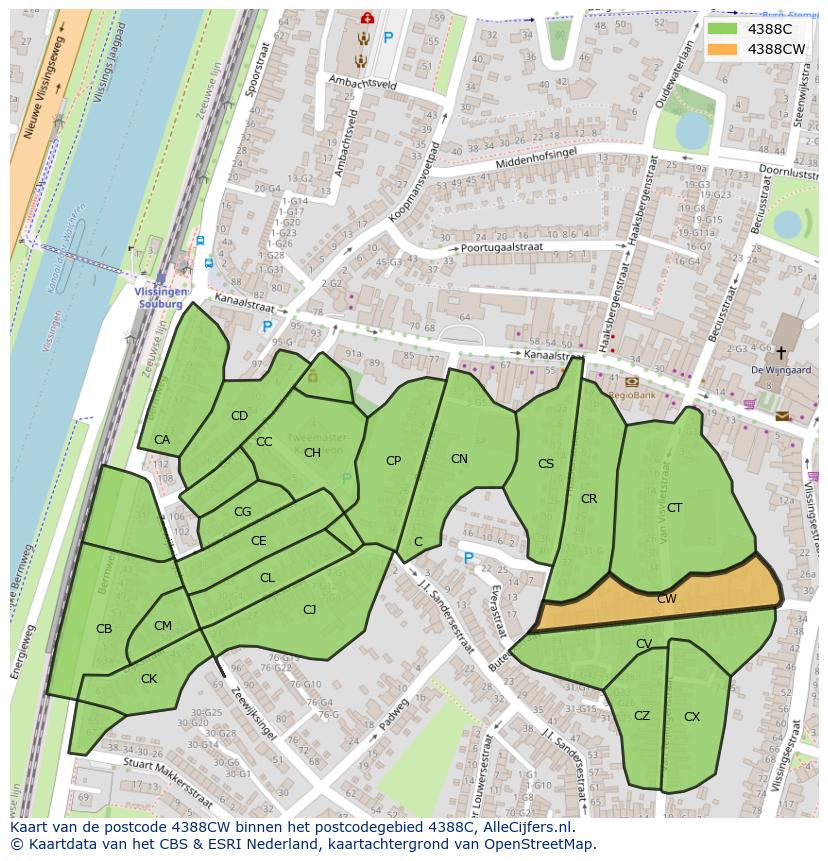 Afbeelding van het postcodegebied 4388 CW op de kaart.