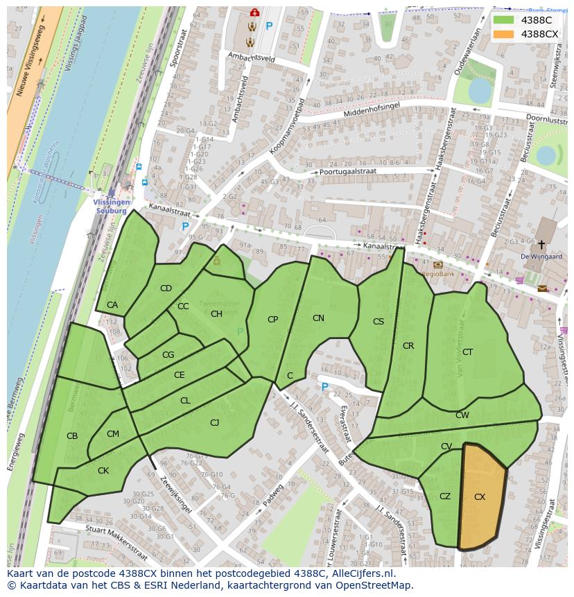 Afbeelding van het postcodegebied 4388 CX op de kaart.
