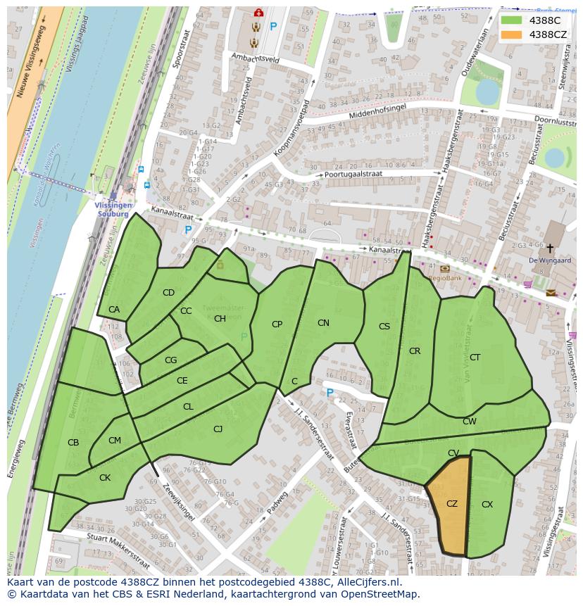 Afbeelding van het postcodegebied 4388 CZ op de kaart.