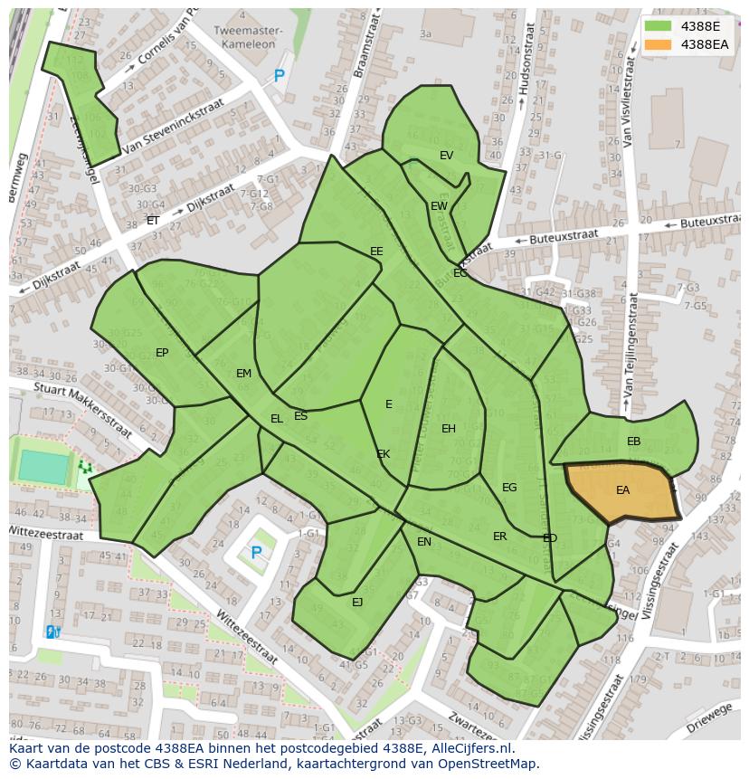 Afbeelding van het postcodegebied 4388 EA op de kaart.
