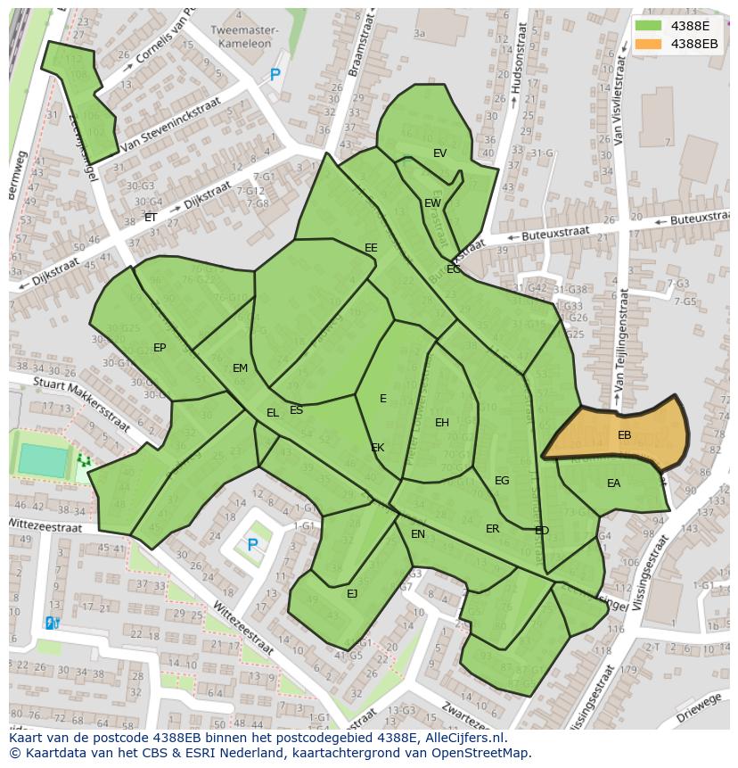 Afbeelding van het postcodegebied 4388 EB op de kaart.