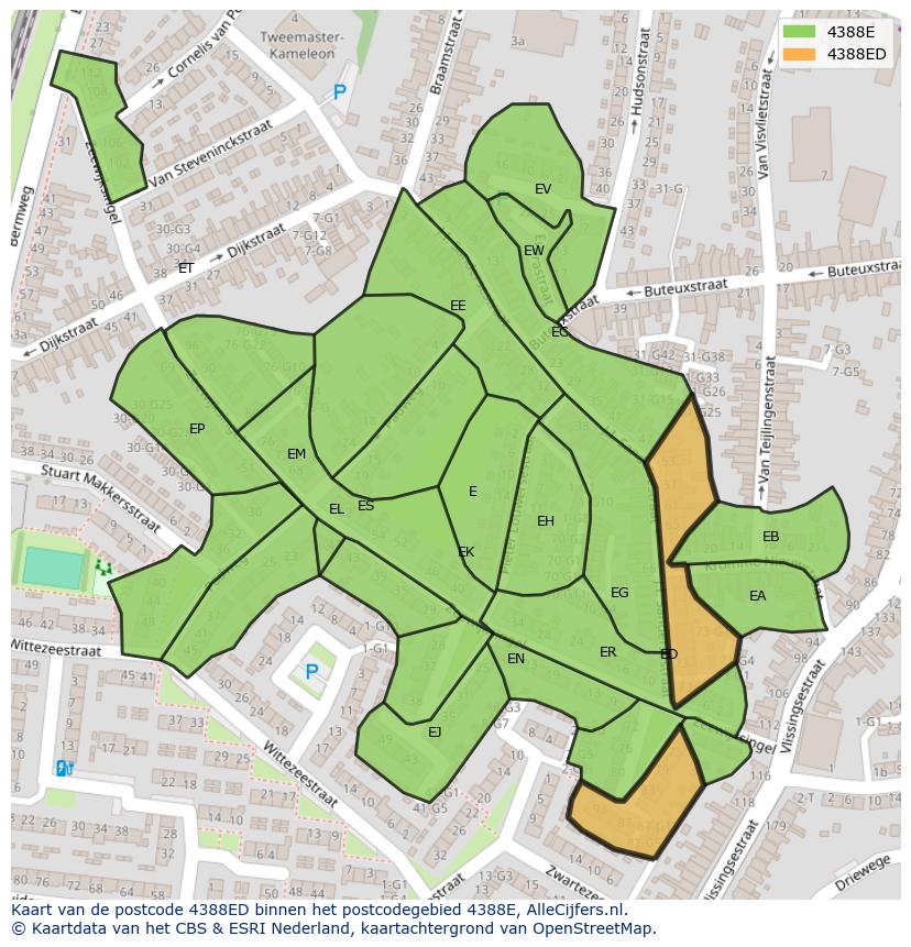 Afbeelding van het postcodegebied 4388 ED op de kaart.