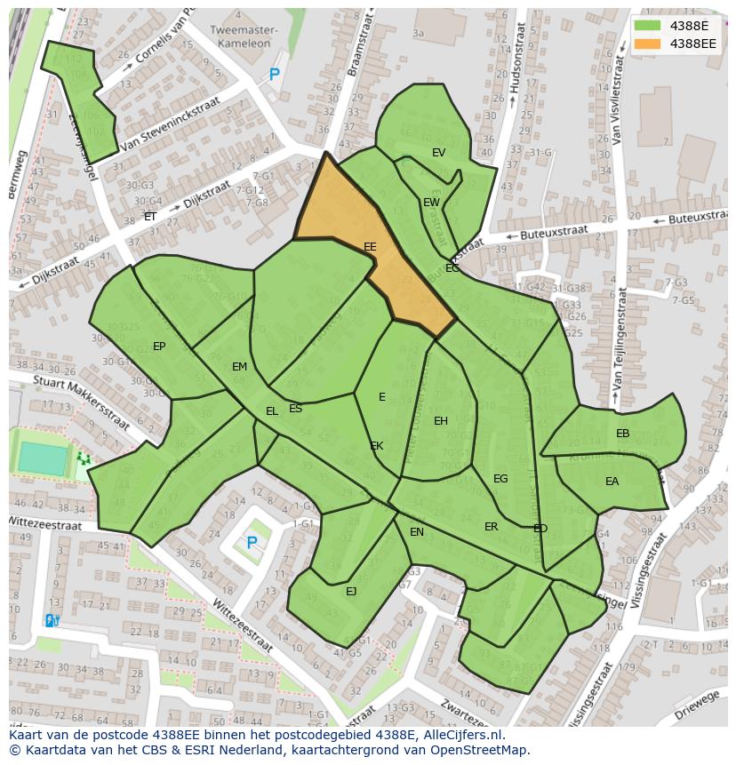 Afbeelding van het postcodegebied 4388 EE op de kaart.