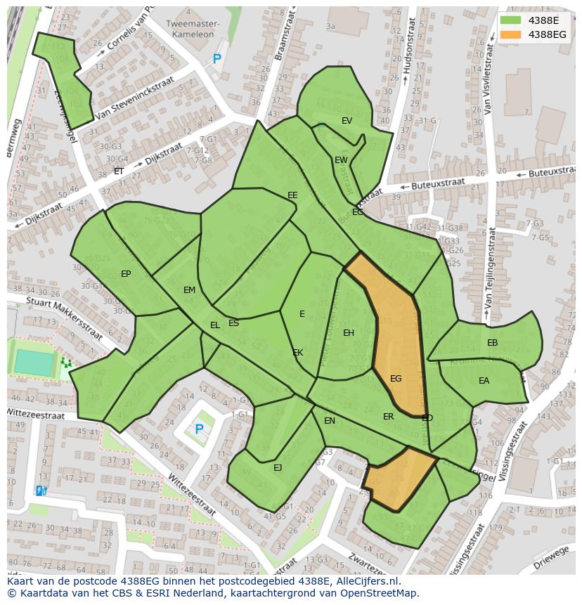 Afbeelding van het postcodegebied 4388 EG op de kaart.