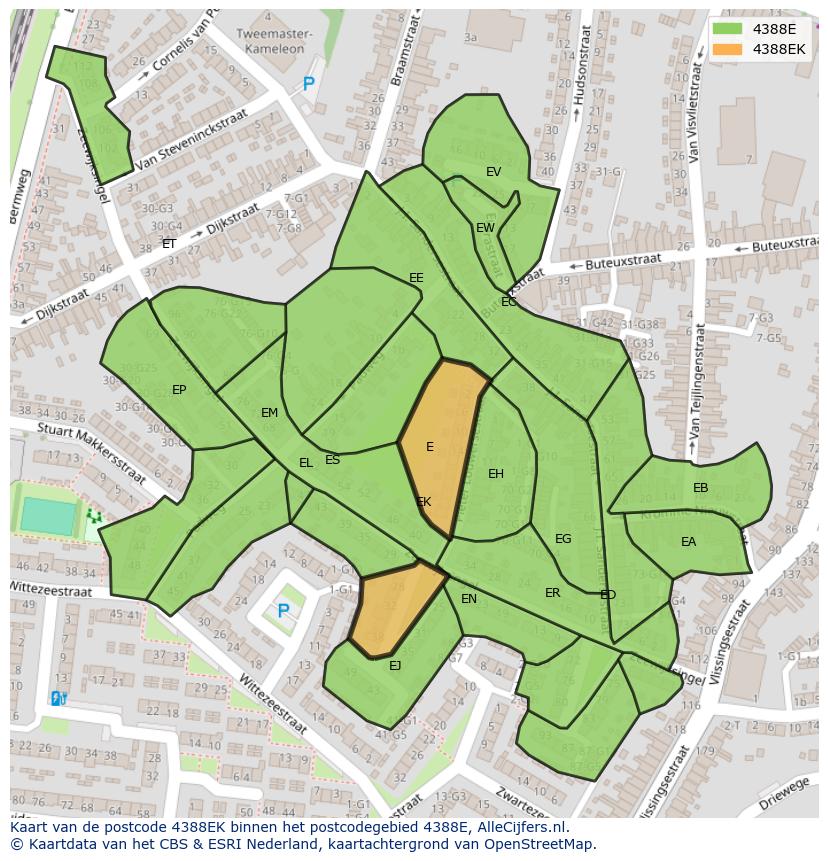 Afbeelding van het postcodegebied 4388 EK op de kaart.