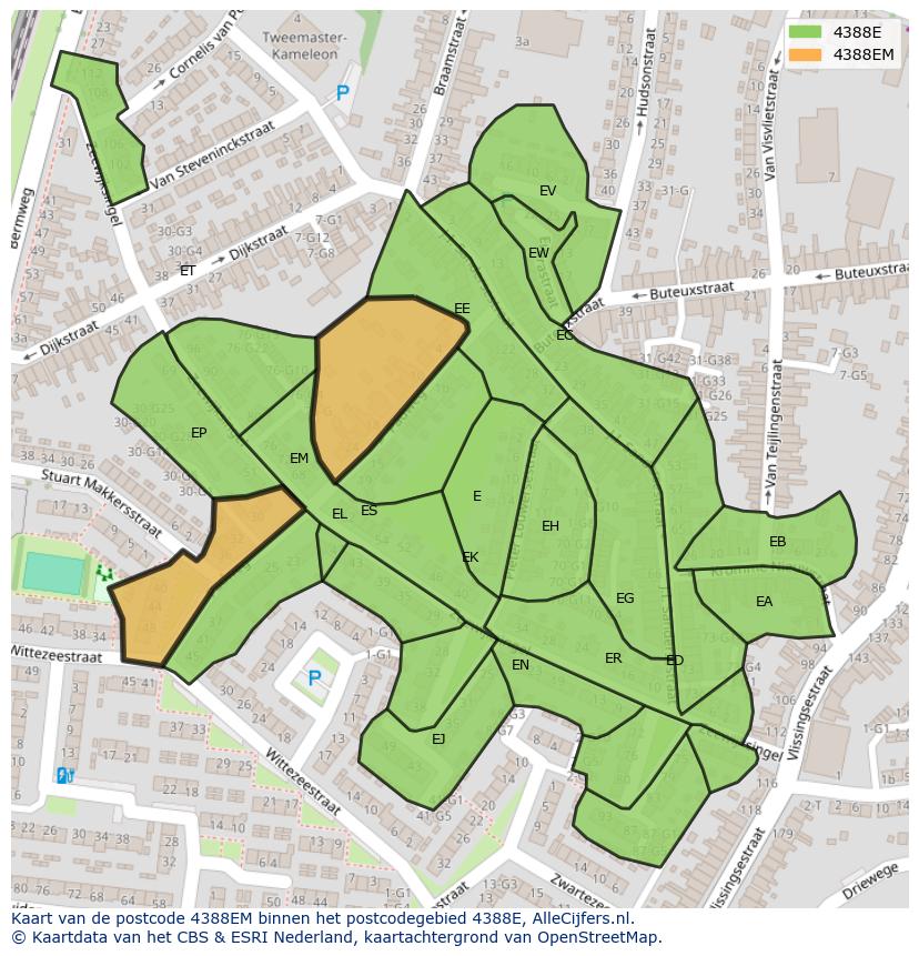 Afbeelding van het postcodegebied 4388 EM op de kaart.