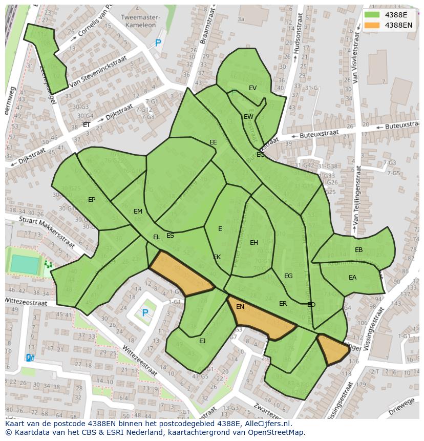 Afbeelding van het postcodegebied 4388 EN op de kaart.
