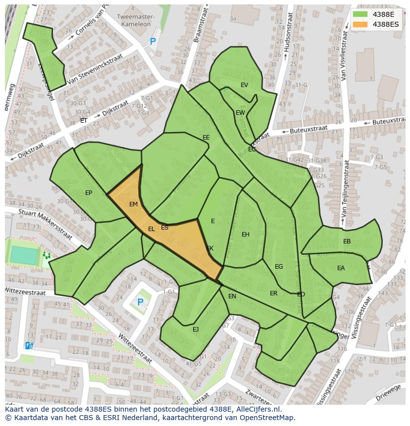 Afbeelding van het postcodegebied 4388 ES op de kaart.