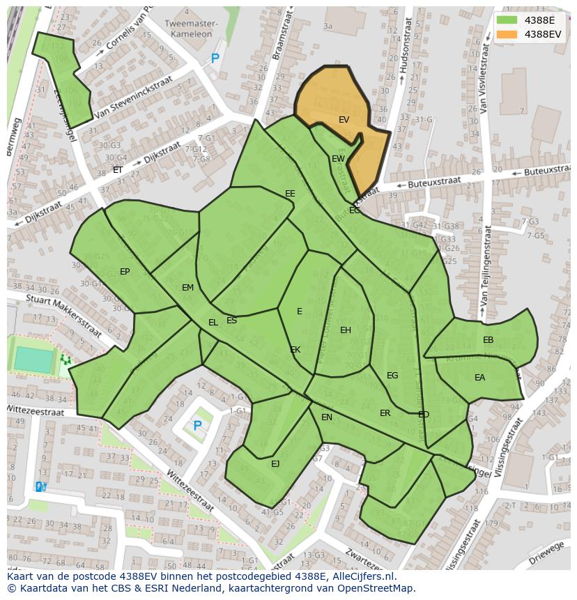 Afbeelding van het postcodegebied 4388 EV op de kaart.