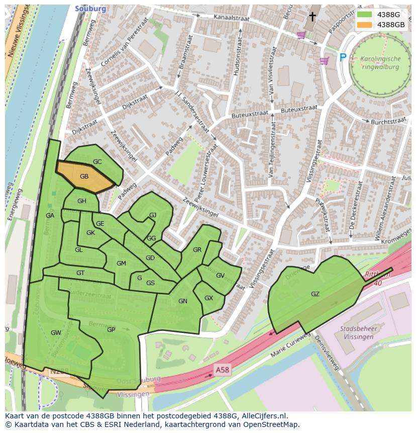 Afbeelding van het postcodegebied 4388 GB op de kaart.