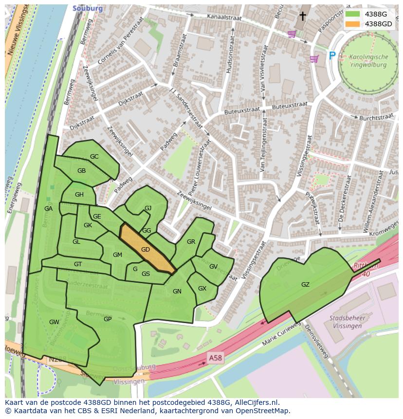 Afbeelding van het postcodegebied 4388 GD op de kaart.